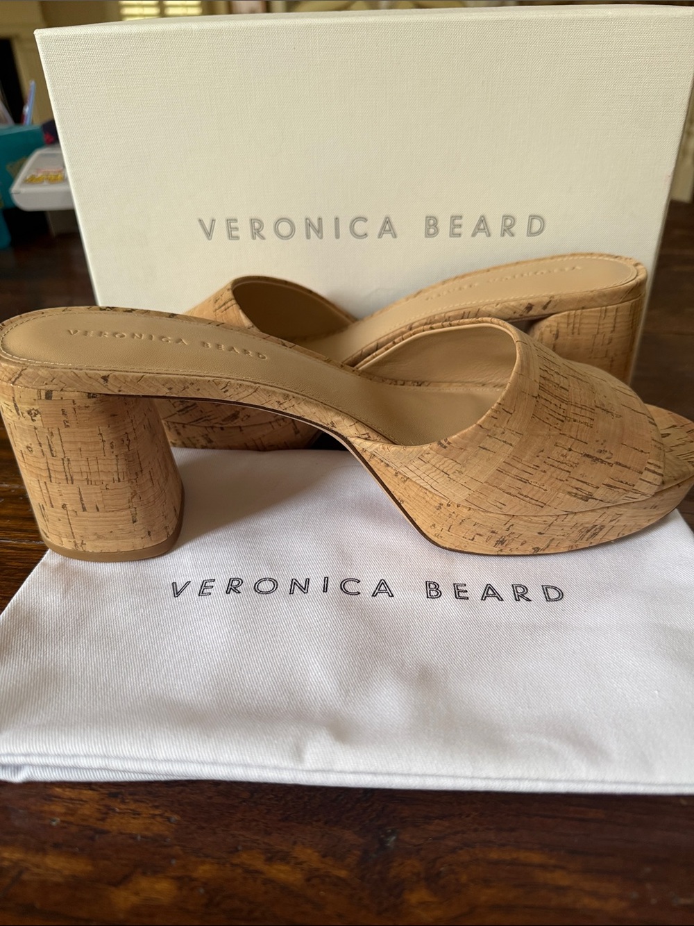 Veronica Beard Cork Block Heel Mules in Natural Tan